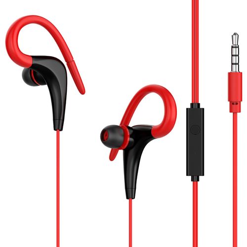 Écouteurs filaires, réduction du bruit sensible, oreillettes confortables avec crochet d'oreille stéréo de 3.5mm pour les appels-Rouge