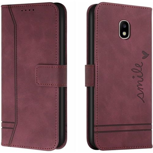 Coque Pour Samsung Galaxy J3 Pro 2017, Etui Portefeuille Magnétique En Cuir De Style Rétro Avec 3 Porte Cartes Housse De Protection Antichoc Pour Galaxy J330. Vin Rouge Hxa