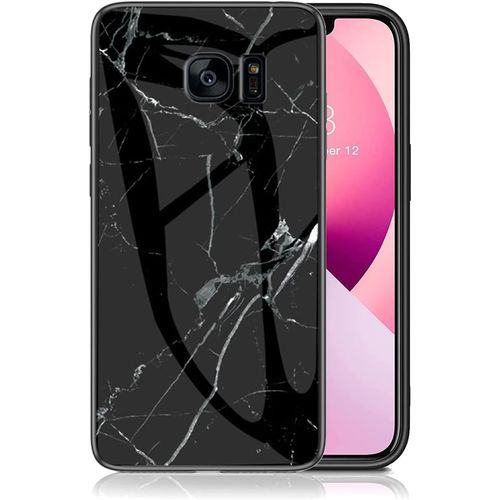 Coque Pour Samsung Galaxy S7 Edge Etui Bord Souple Tpu Arrière En Verre Trempé Antichoc Marbre Motif Housse De Protection Case Cover Pour Samsung S7 Edge. Noir Argent Lsm