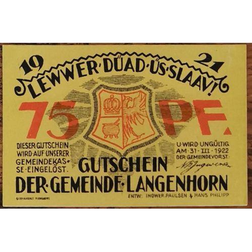 Billet Allemagne 75 Pfennig 03/1922 Langenhorn Grm 768,1 2/3