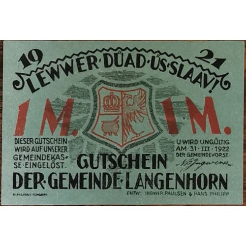 Billet Allemagne 1 Mark 03/1922 Langenhorn Grm 768,1 3/3
