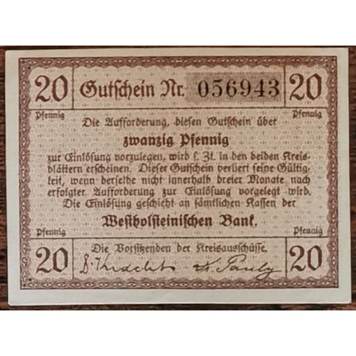 Billet Allemagne 20 Pfennig 1920 Norder- U. Süder-Dithmarschen Gra N54,4
