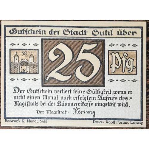 Billet Allemagne 25 Pfennig 1922 Suhl Stadt Grm 1301,1 4/4