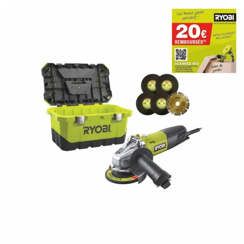 Meuleuse d'angle RYOBI 800W 125mm - 1 disque diamant - 5 disques à ébarber - Toolbox RAG800-125TA6