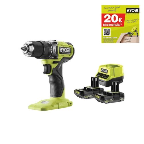 Perceuse à percussion Brushless 18V RYOBI - 54 Nm - 2 Batteries 2,0Ah - Chargeur - RPD18BL1-2C20S