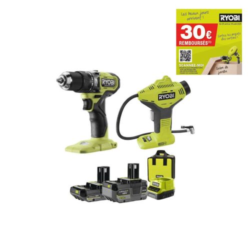 Perceuse-visseuse à percussion RYOBI 18V One+ Brushless - Batteries 2,0 et 4,0Ah - Chargeur - Compresseur OFFERT