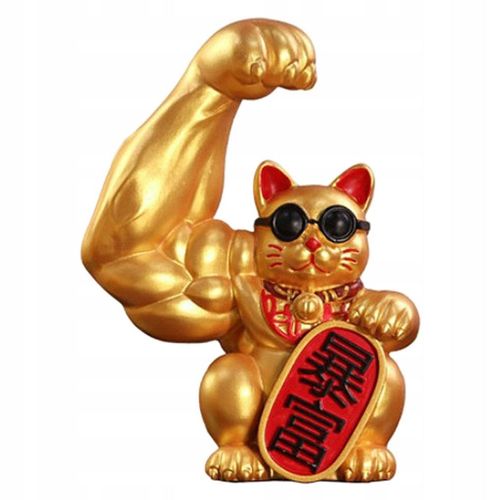 Statue de chat porte-bonheur en résine, bras musclé, figurine Feng Shui, animal droit et riche