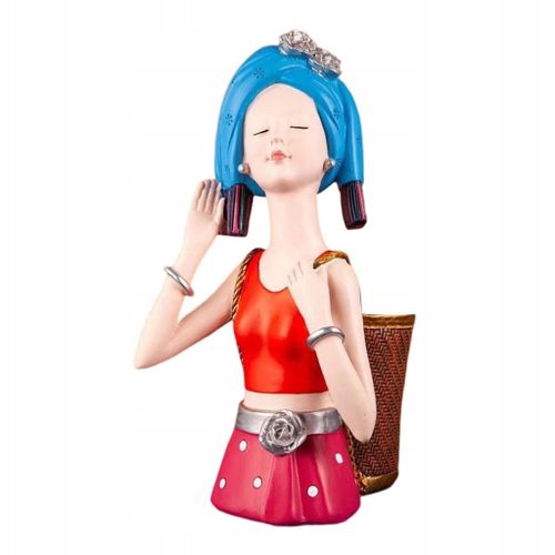 Statue d'art populaire ethnique, sculpture graphique, vase foulard bleu en résine