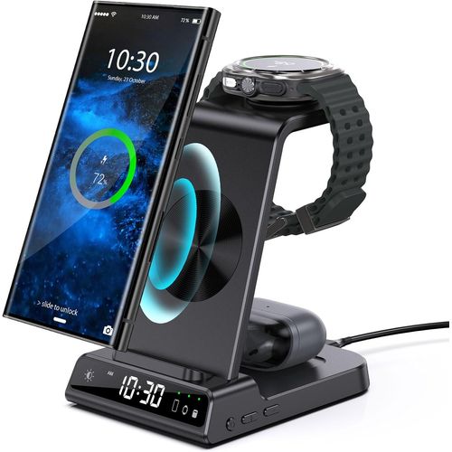 Chargeur Induction Fil Pour Samsung Galaxy S25 Ultra, Chargeur Sans Fil Avec Horloge Numérique Pour Samsung Galaxy Watch 7/Ultra/6/5, Wireless Charger Pour Galaxy S24 Ultra, Z Flip 4, Active 2, Buds