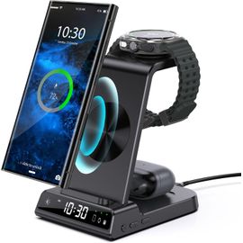 Chargeur Induction Fil Pour Samsung Galaxy S25 Ultra, Chargeur Sans Fil Avec Horloge Numérique Pour Samsung Galaxy Watch 7/Ultra/6/5, Wireless Charger Pour Galaxy S24 Ultra, Z Flip 4, Active 2, Buds