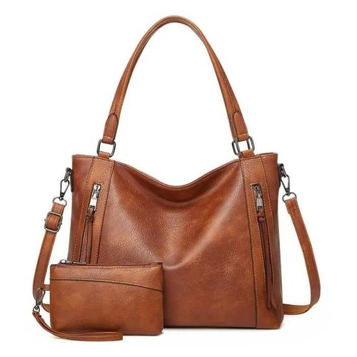 VINBAGGE Sac a Main Femme en PU Sac Fourre Tout Femme Ensemble Petit Sac D'épaule Bandoulière Cabas Portés Main de 2 Pièces Brun