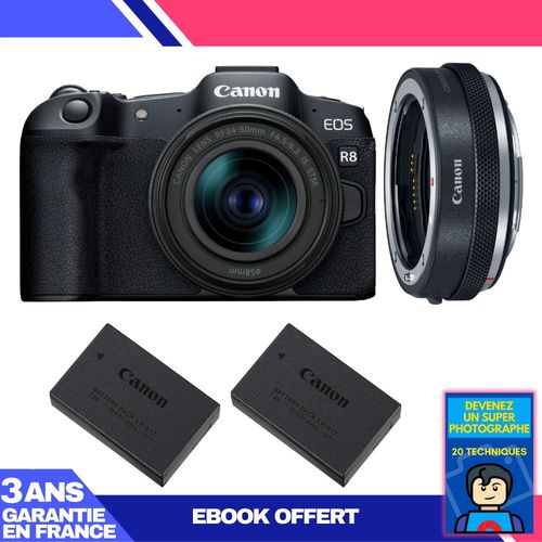 Boitier Canon EOS R8 + RF 24-50mm IS STM + EF-EOS R Premium + 2 Canon LP-E17 + Ebook 'Devenez Un Super Photographe'