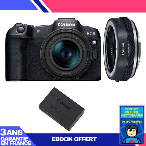 Boitier Canon EOS R8 + RF 24-50mm IS STM + EF-EOS R Premium + 1 Canon LP-E17 + Ebook 'Devenez Un Super Photographe'