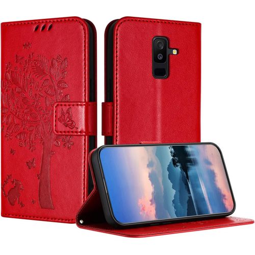 Coque Pour Samsung Galaxy A6 Plus, Coque Portefeuille Housse Cuir Avec Porte Cartes Et Béquille Fermeture Magnétique Étui Pour Samsung A6 Plus - Rouge
