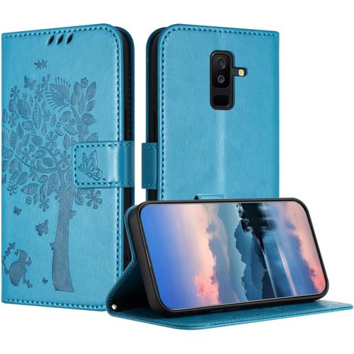 Coque Pour Samsung Galaxy A6 Plus, Coque Portefeuille Housse Cuir Avec Porte Cartes Et Béquille Fermeture Magnétique Étui Pour Samsung A6 Plus - Bleu