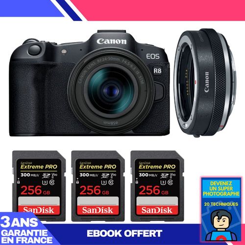 Boitier Canon EOS R8 + RF 24-50mm IS STM + EF-EOS R Premium + 3 SanDisk 256GB Extreme PRO UHS-II SDXC 300 MB/s + Ebook 'Devenez Un Super Photographe'