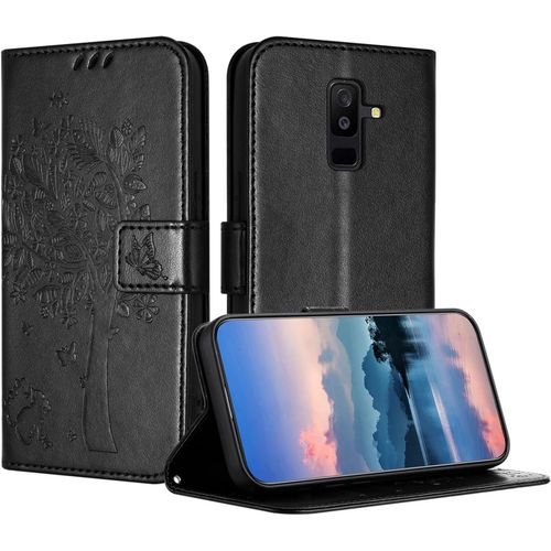 Coque Pour Samsung Galaxy A6 Plus, Coque Portefeuille Housse Cuir Avec Porte Cartes Et Béquille Fermeture Magnétique Étui Pour Samsung A6 Plus - Noir