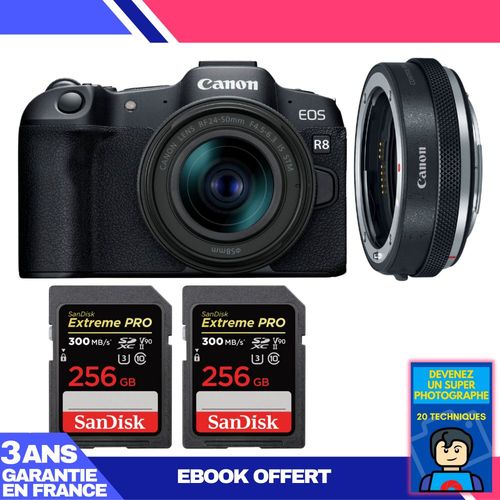 Boitier Canon EOS R8 + RF 24-50mm IS STM + EF-EOS R Premium + 2 SanDisk 256GB Extreme PRO UHS-II SDXC 300 MB/s + Ebook 'Devenez Un Super Photographe'