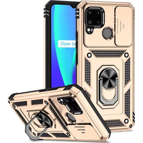 Coque Para Realme C11/C20/C20a,Tpu+Pc Rigide Armure Housse Avec Lentille Coulissante Couverture, Rotation À 360 Anneau De Support Pour Support Téléphone Voiture Magnétique,Or
