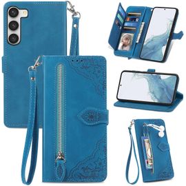 Coque Pour Samsung Galaxy S23, Pu Portefeuille Rabat Fermeture Aimantée Étui En Cuir Antichoc Tpu Fonction Support Dragonne Étui Pour Samsung S23 - Bleu