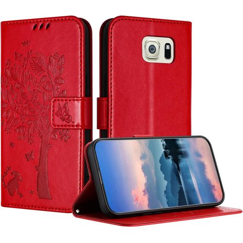 Coque Pour Samsung Galaxy S6 Edge Plus / S6 Edge+, Coque Portefeuille Housse Cuir Avec Porte Cartes Et Béquille Fermeture Magnétique Étui Pour Samsung S6 Edge Plus - Rouge