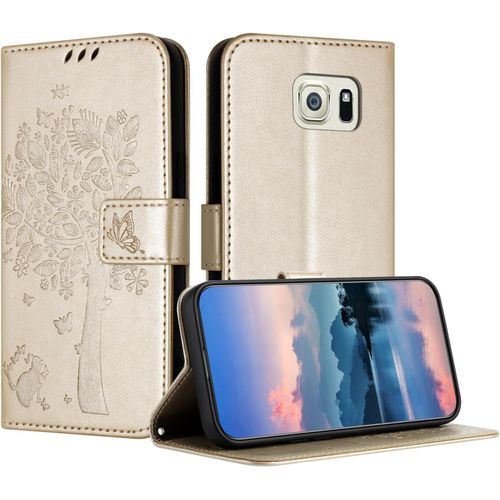 Coque Pour Samsung Galaxy S6 Edge Plus / S6 Edge+, Coque Portefeuille Housse Cuir Avec Porte Cartes Et Béquille Fermeture Magnétique Étui Pour Samsung S6 Edge Plus - Or