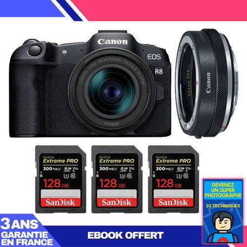 Boitier Canon EOS R8 + RF 24-50mm IS STM + EF-EOS R Premium + 3 SanDisk 128GB Extreme PRO UHS-II SDXC 300 MB/s + Ebook 'Devenez Un Super Photographe'