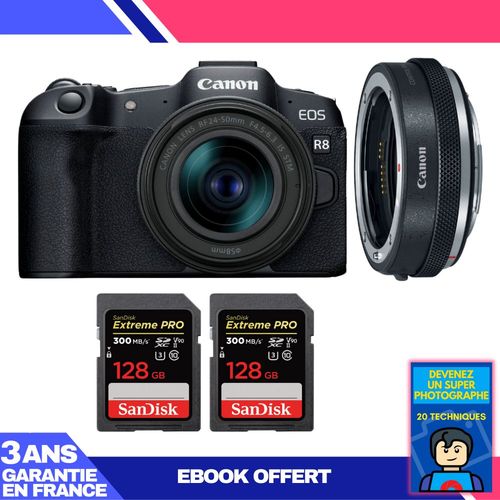 Boitier Canon EOS R8 + RF 24-50mm IS STM + EF-EOS R Premium + 2 SanDisk 128GB Extreme PRO UHS-II SDXC 300 MB/s + Ebook 'Devenez Un Super Photographe'