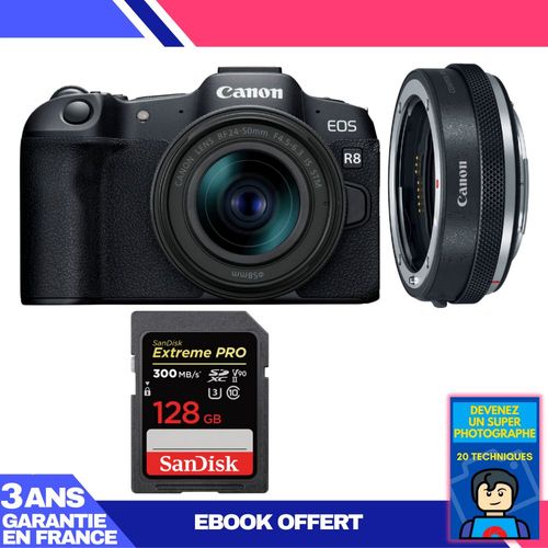 Boitier Canon EOS R8 + RF 24-50mm IS STM + EF-EOS R Premium + 1 SanDisk 128GB Extreme PRO UHS-II SDXC 300 MB/s + Ebook 'Devenez Un Super Photographe'