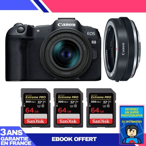 Boitier Canon EOS R8 + RF 24-50mm IS STM + EF-EOS R Premium + 3 SanDisk 64GB Extreme PRO UHS-II SDXC 300 MB/s + Ebook 'Devenez Un Super Photographe'