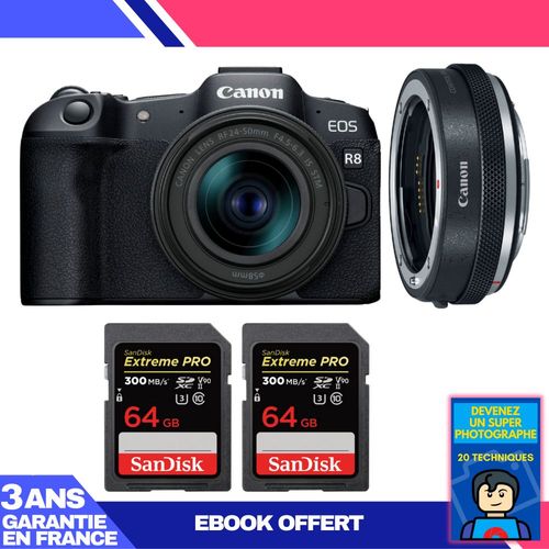 Boitier Canon EOS R8 + RF 24-50mm IS STM + EF-EOS R Premium + 2 SanDisk 64GB Extreme PRO UHS-II SDXC 300 MB/s + Ebook 'Devenez Un Super Photographe'
