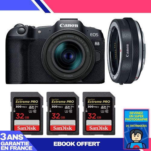 Boitier Canon EOS R8 + RF 24-50mm IS STM + EF-EOS R Premium + 3 SanDisk 32GB Extreme PRO UHS-II SDXC 300 MB/s + Ebook 'Devenez Un Super Photographe'