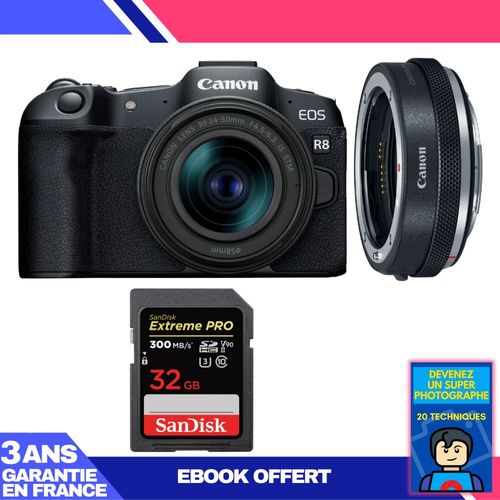 Boitier Canon EOS R8 + RF 24-50mm IS STM + EF-EOS R Premium + 1 SanDisk 32GB Extreme PRO UHS-II SDXC 300 MB/s + Ebook 'Devenez Un Super Photographe'