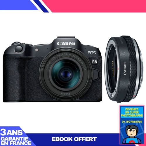 Boitier Canon EOS R8 + RF 24-50mm IS STM + Canon EF-EOS R Premium + Ebook 'Devenez Un Super Photographe'