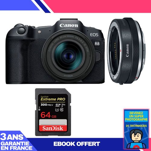 Boitier Canon EOS R8 + RF 24-50mm IS STM + EF-EOS R Premium + 1 SanDisk 64GB Extreme PRO UHS-II SDXC 300 MB/s + Ebook 'Devenez Un Super Photographe'