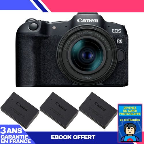 Boitier Canon EOS R8 + RF 24-50mm IS STM + 3 Canon LP-E17 + Ebook 'Devenez Un Super Photographe'