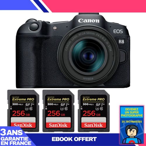 Boitier Canon EOS R8 + RF 24-50mm IS STM + 3 SanDisk 256GB Extreme PRO UHS-II SDXC 300 MB/s + Ebook 'Devenez Un Super Photographe'