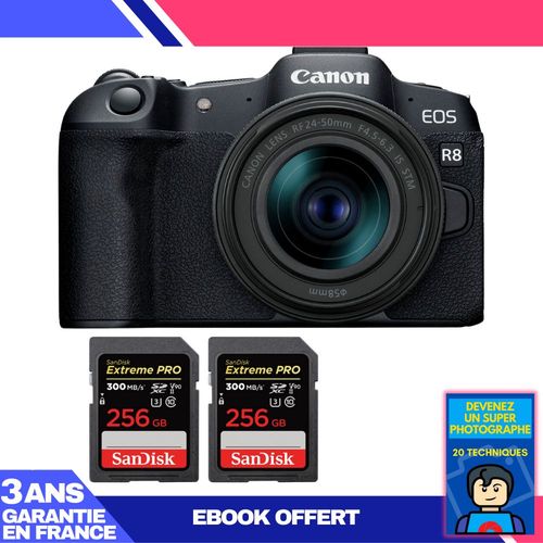 Boitier Canon EOS R8 + RF 24-50mm IS STM + 2 SanDisk 256GB Extreme PRO UHS-II SDXC 300 MB/s + Ebook 'Devenez Un Super Photographe'