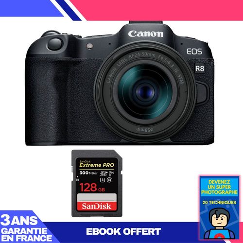 Boitier Canon EOS R8 + RF 24-50mm IS STM + 1 SanDisk 128GB Extreme PRO UHS-II SDXC 300 MB/s + Ebook 'Devenez Un Super Photographe'