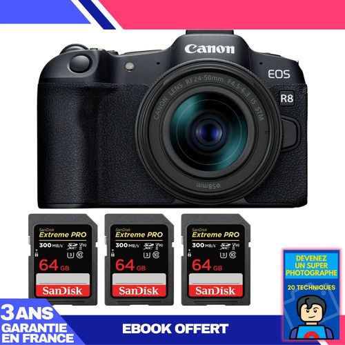 Boitier Canon EOS R8 + RF 24-50mm IS STM + 3 SanDisk 64GB Extreme PRO UHS-II SDXC 300 MB/s + Ebook 'Devenez Un Super Photographe'