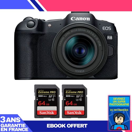 Boitier Canon EOS R8 + RF 24-50mm IS STM + 2 SanDisk 64GB Extreme PRO UHS-II SDXC 300 MB/s + Ebook 'Devenez Un Super Photographe'