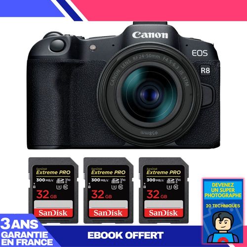 Boitier Canon EOS R8 + RF 24-50mm IS STM + 3 SanDisk 32GB Extreme PRO UHS-II SDXC 300 MB/s + Ebook 'Devenez Un Super Photographe'