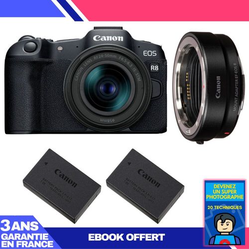Boitier Canon EOS R8 + RF 24-50mm IS STM + EF-EOS R + 2 Canon LP-E17 + Ebook 'Devenez Un Super Photographe'