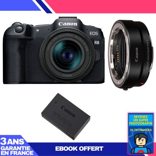 Boitier Canon EOS R8 + RF 24-50mm IS STM + EF-EOS R + 1 Canon LP-E17 + Ebook 'Devenez Un Super Photographe'