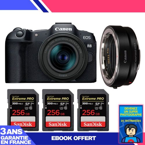 Boitier Canon EOS R8 + RF 24-50mm IS STM + EF-EOS R + 3 SanDisk 256GB Extreme PRO UHS-II SDXC 300 MB/s + Ebook 'Devenez Un Super Photographe'