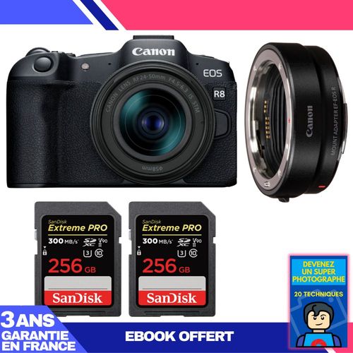 Boitier Canon EOS R8 + RF 24-50mm IS STM + EF-EOS R + 2 SanDisk 256GB Extreme PRO UHS-II SDXC 300 MB/s + Ebook 'Devenez Un Super Photographe'