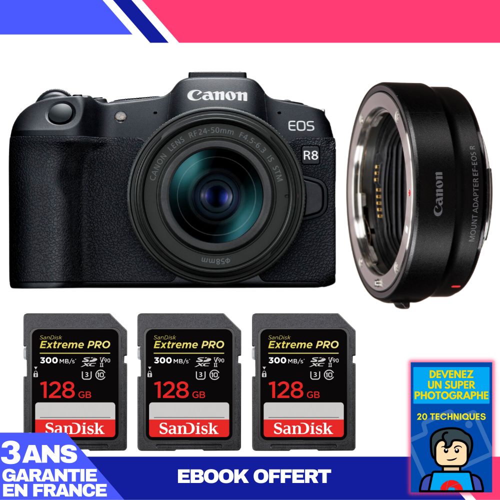 Boitier Canon EOS R8 + RF 24-50mm IS STM + EF-EOS R + 3 SanDisk 128GB Extreme PRO UHS-II SDXC 300 MB/s + Ebook 'Devenez Un Super Photographe'