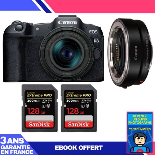 Boitier Canon EOS R8 + RF 24-50mm IS STM + EF-EOS R + 2 SanDisk 128GB Extreme PRO UHS-II SDXC 300 MB/s + Ebook 'Devenez Un Super Photographe'