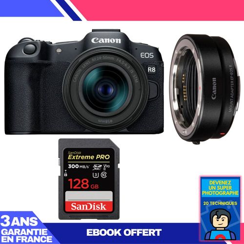Boitier Canon EOS R8 + RF 24-50mm IS STM + EF-EOS R + 1 SanDisk 128GB Extreme PRO UHS-II SDXC 300 MB/s + Ebook 'Devenez Un Super Photographe'
