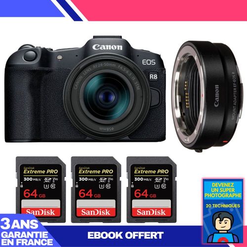 Boitier Canon EOS R8 + RF 24-50mm IS STM + EF-EOS R + 3 SanDisk 64GB Extreme PRO UHS-II SDXC 300 MB/s + Ebook 'Devenez Un Super Photographe'